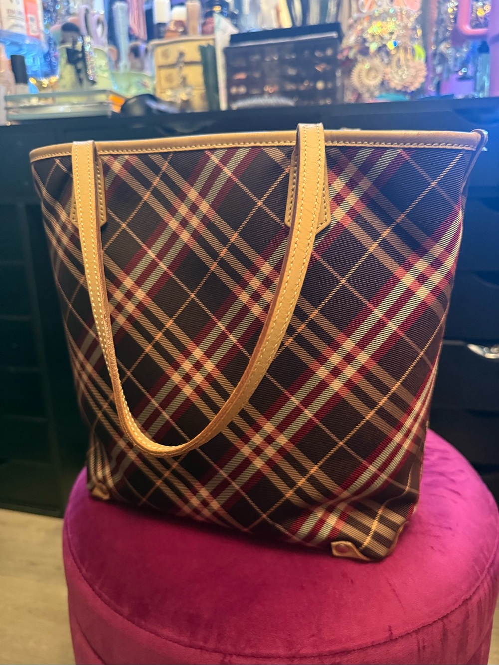 Burberry Brown Plaid Tote with Tan Leather Trim - Picture 3 of 12